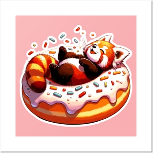 Kawaii Red Panda Chilling on Donut Posters and Art